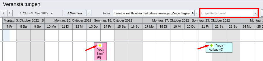 Labels und -Filter im Kalender der Veranstaltungstermine
