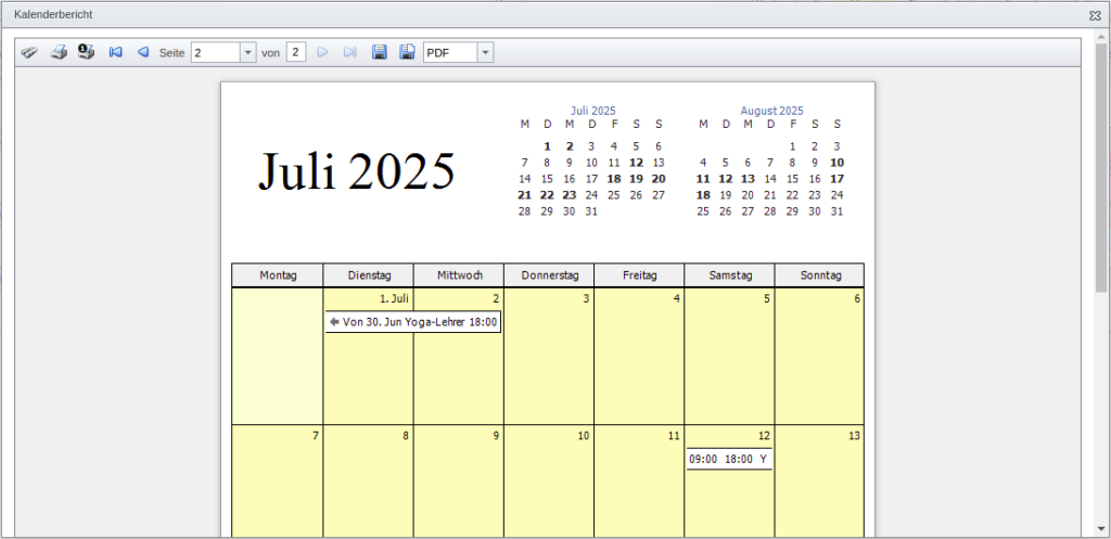 Kalenderbericht eines Monats im Veranstaltungskalender