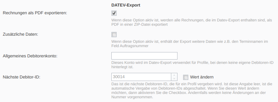 Allgemeine Einstellungen zum DATEV-Export mit aktiviertem Rechnungs-PDF-Export