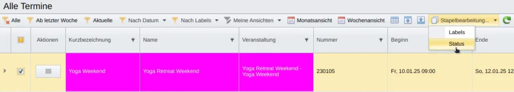 SeminarDesk Update Juli 2024: Funktion „Stapelbearbeitung… – Status“ in der Terminübersicht