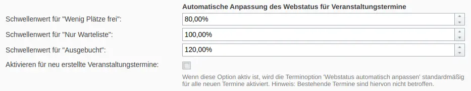 Allgemeine Einstellungen für automatische Anpassung des Webstatus für Veranstaltungstermine