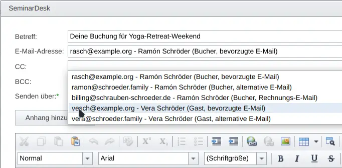 SeminarDesk Update Juli 2024: Auswahl bekannter E-Mail-Adressen beim Erstellen einer E-Mail